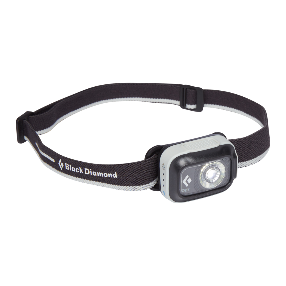 Sprint 225 Headlamp by Black Diamond in black and grey, compact lightweight light for fast-paced running and safety uses