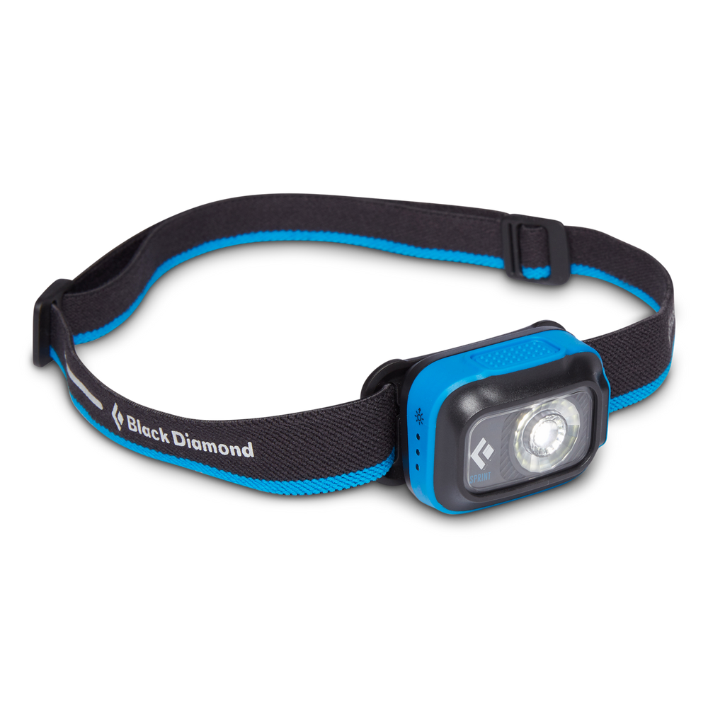 Sprint 225 Headlamp by Black Diamond in black and blue, compact lightweight safety light ideal for fast-paced running and outdoor use