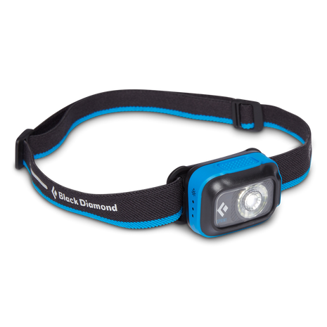 Sprint 225 Headlamp by Black Diamond in black and blue, compact lightweight safety light ideal for fast-paced running and outdoor use