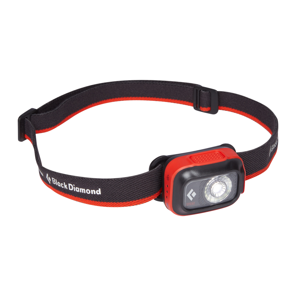 Sprint 225 Headlamp by Black Diamond in black and red, compact lightweight light ideal for fast-paced running and safety use