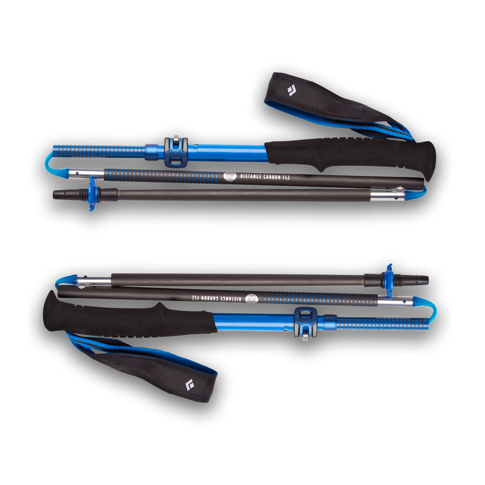 Distance Carbon FLZ Poles by Black Diamond in black and blue, carbon fiber folding trekking poles with FlickLock Pro adjustability for hiking and outdoor use