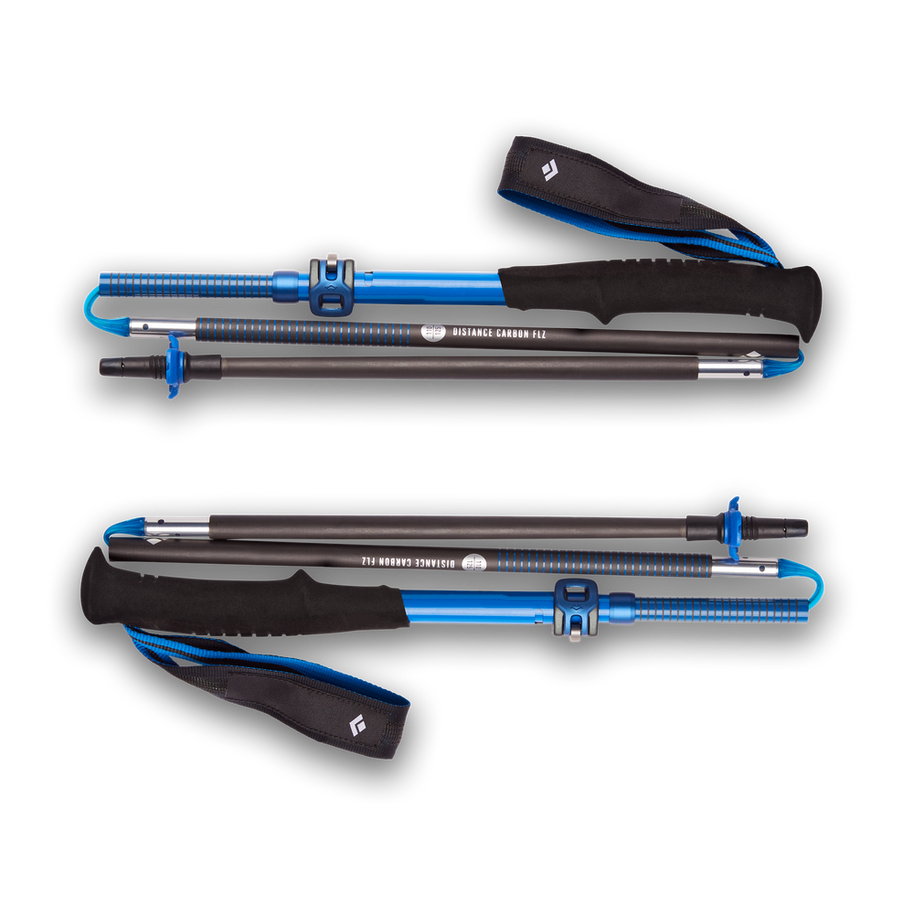 Distance Carbon FLZ Poles by Black Diamond in black and blue, carbon fiber folding trekking poles with FlickLock Pro adjustability for hiking and outdoor use