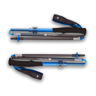 Distance Carbon FLZ Poles by Black Diamond in black and blue, carbon fiber folding trekking poles with FlickLock Pro adjustability for hiking and outdoor use