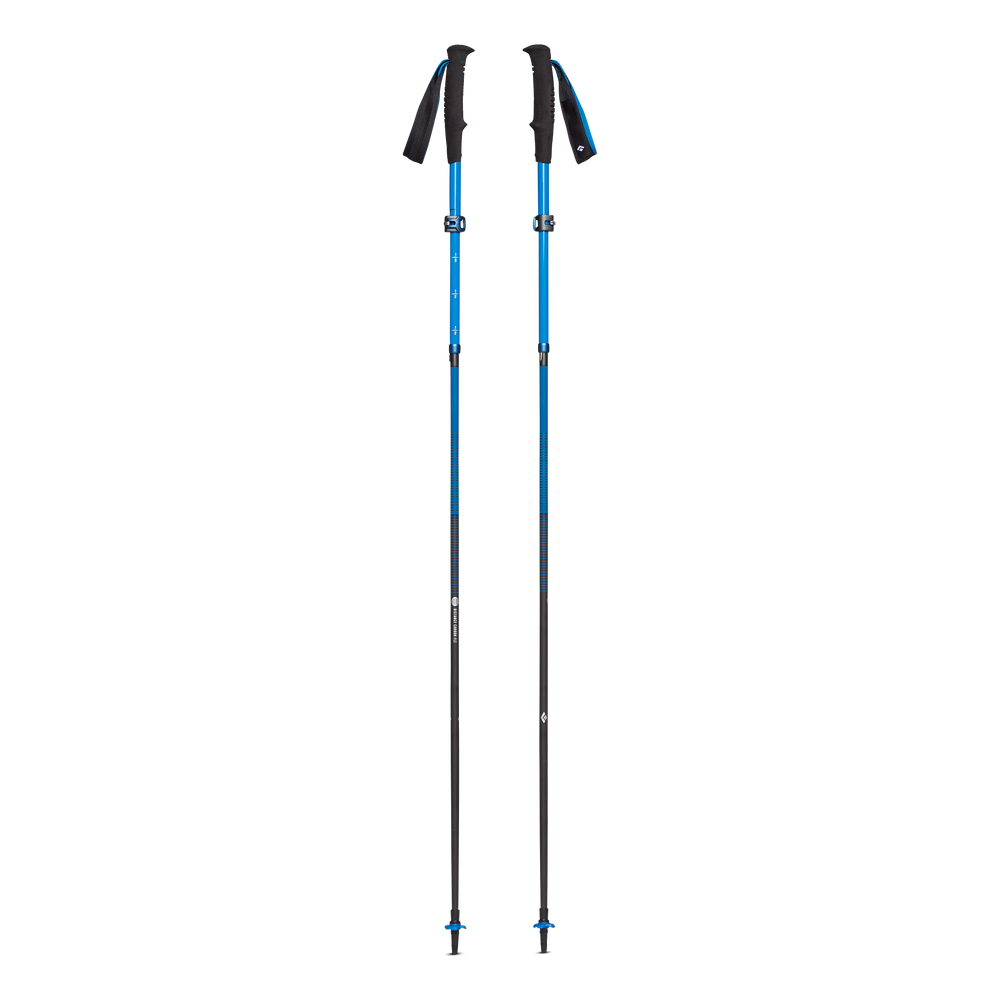 Distance Carbon FLZ Poles by Black Diamond in blue and black, carbon fiber folding trekking poles with FlickLock Pro adjustability for performance