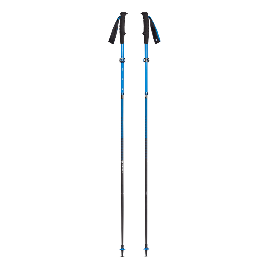 Distance Carbon FLZ Poles by Black Diamond in blue and black, carbon fiber folding trekking poles with FlickLock Pro adjustability for performance