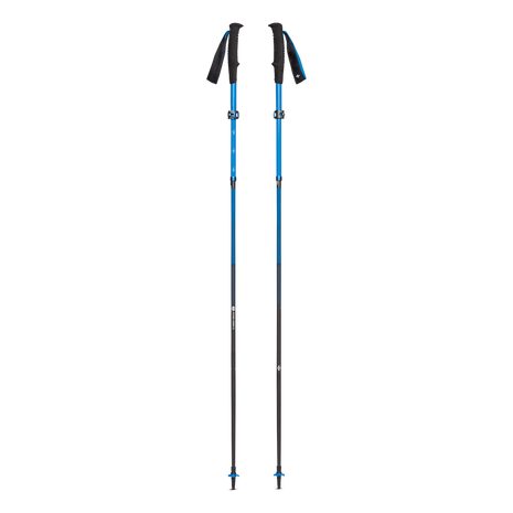 Distance Carbon FLZ Poles by Black Diamond in blue and black, carbon fiber folding trekking poles with FlickLock Pro adjustability for performance