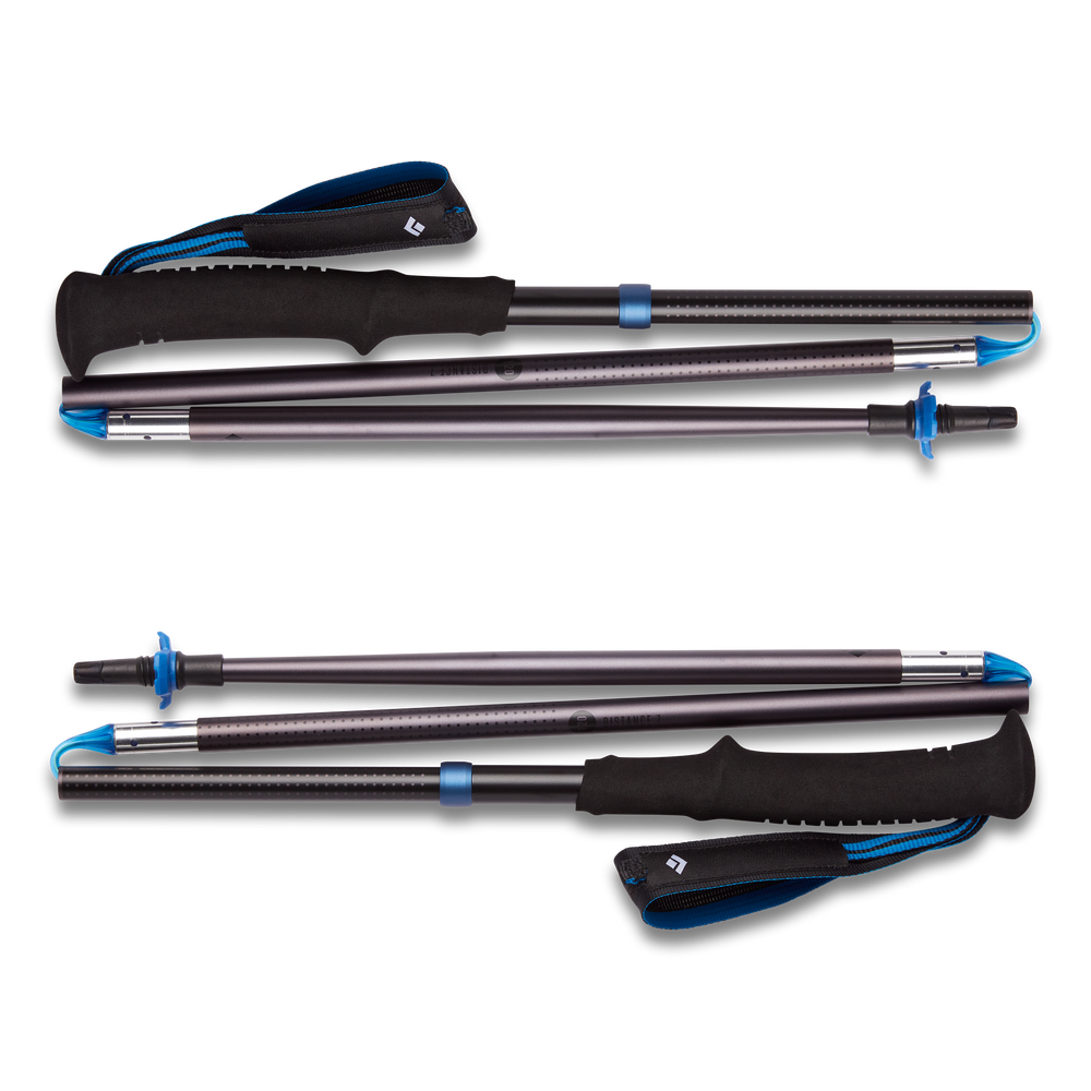 Distance Z Poles by Black Diamond in black and blue, lightweight aluminum trekking poles with quick collapsible Z-Pole tech for trail running and hiking