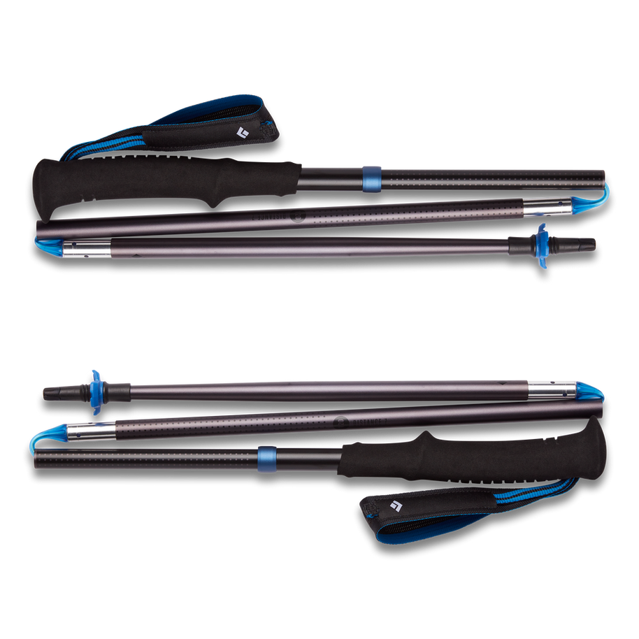 Distance Z Poles by Black Diamond in black and blue, lightweight aluminum trekking poles with quick collapsible Z-Pole tech for trail running and hiking