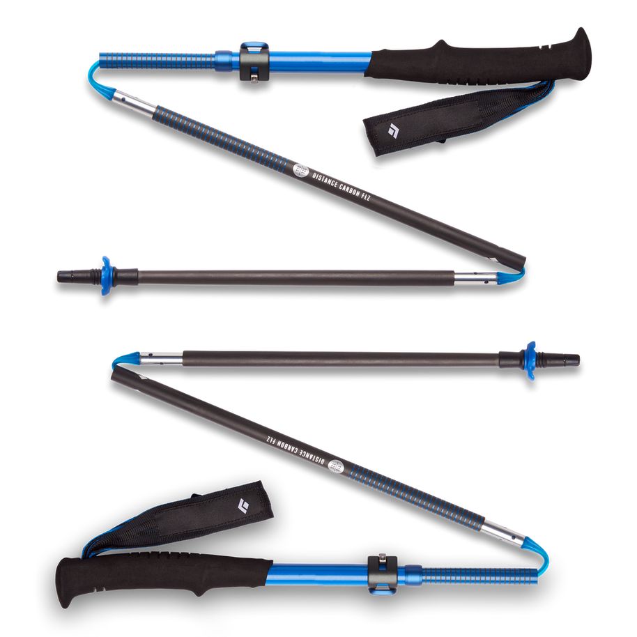 Distance Carbon FLZ Poles by Black Diamond in blue and black, carbon adjustable folding trekking poles with FlickLock Pro, for versatile hiking use