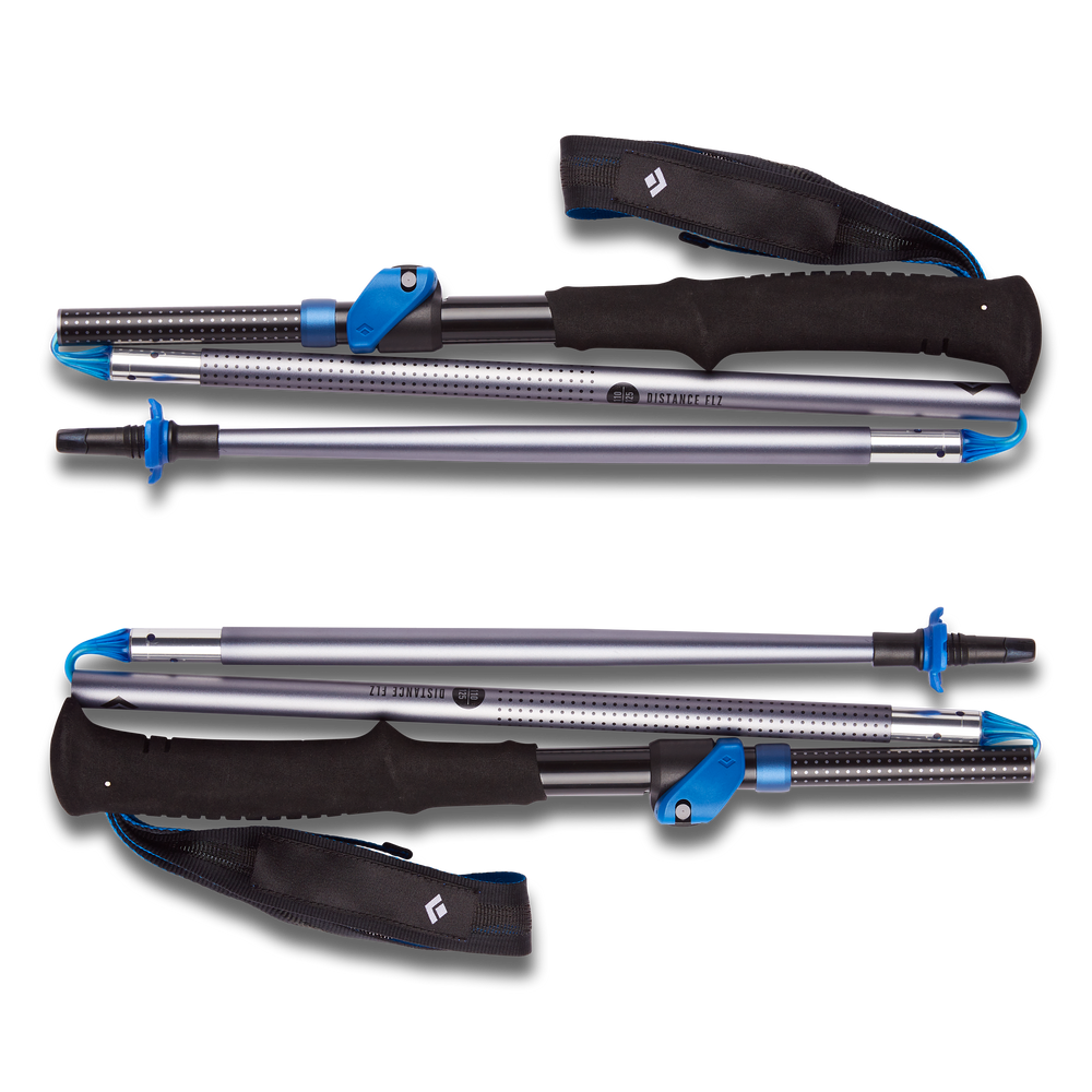 Distance FLZ Poles by Black Diamond in black and blue, lightweight packable poles with Flicklock adjustability for trail running and hiking.