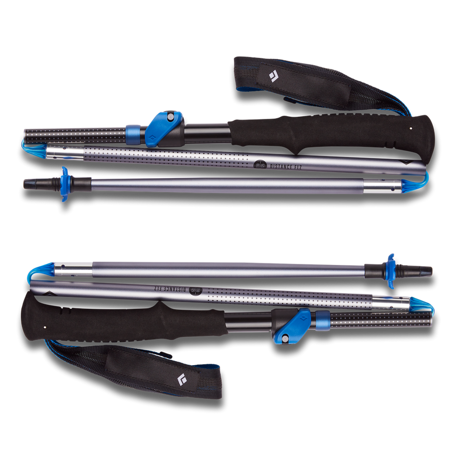 Distance FLZ Poles by Black Diamond in black and blue, lightweight packable poles with Flicklock adjustability for trail running and hiking.