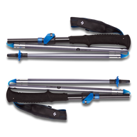 Distance FLZ Poles by Black Diamond in black and blue, lightweight packable poles with Flicklock adjustability for trail running and hiking.