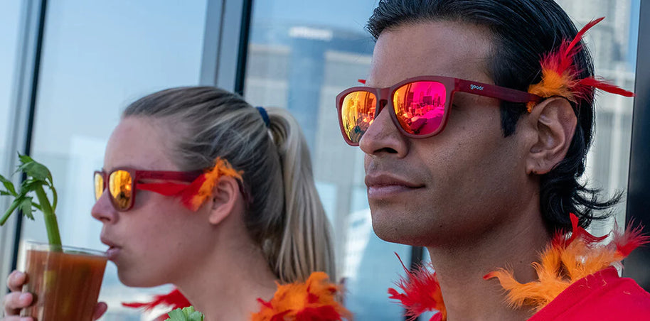 Phoenix At A Bloody Mary Bar by Goodr, red frames with rose lenses, stylish sunglasses ideal for outdoor and casual use