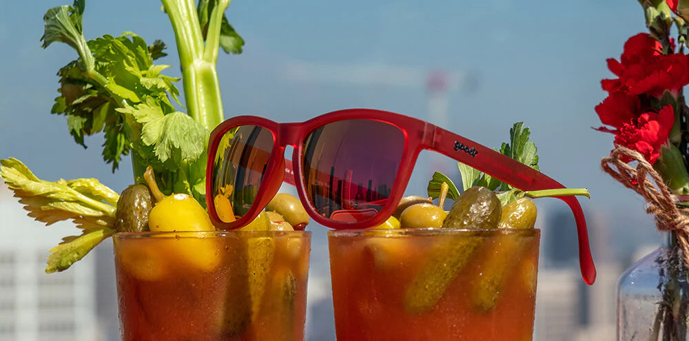 Phoenix At A Bloody Mary Bar by Goodr red frames with rose lenses sunglasses, stylish USA-based glasses for casual outdoor wear