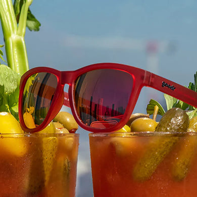 Phoenix At A Bloody Mary Bar by Goodr red frames with rose lenses sunglasses, stylish USA-based glasses for casual outdoor wear