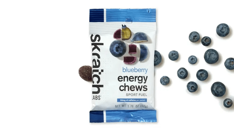 Energy Chews Sport Fuel by Skratch Labs in blueberry flavor, nutrition chews with 50mg caffeine, ideal for race day energy and training fuel