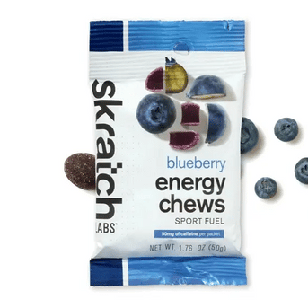 Energy Chews Sport Fuel by Skratch Labs in blueberry flavor, nutrition chews with 50mg caffeine, ideal for race day energy and training fuel