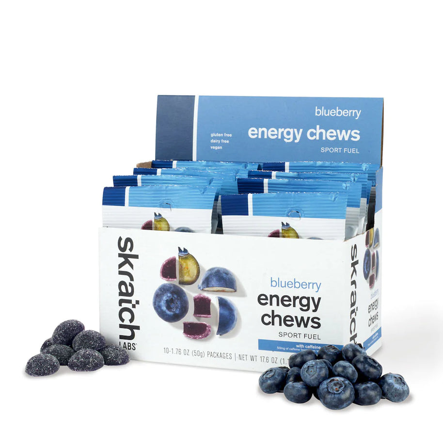 Energy Chews Sport Fuel by Skratch Labs in blue and white packaging, blueberry flavor nutrition for endurance running and training