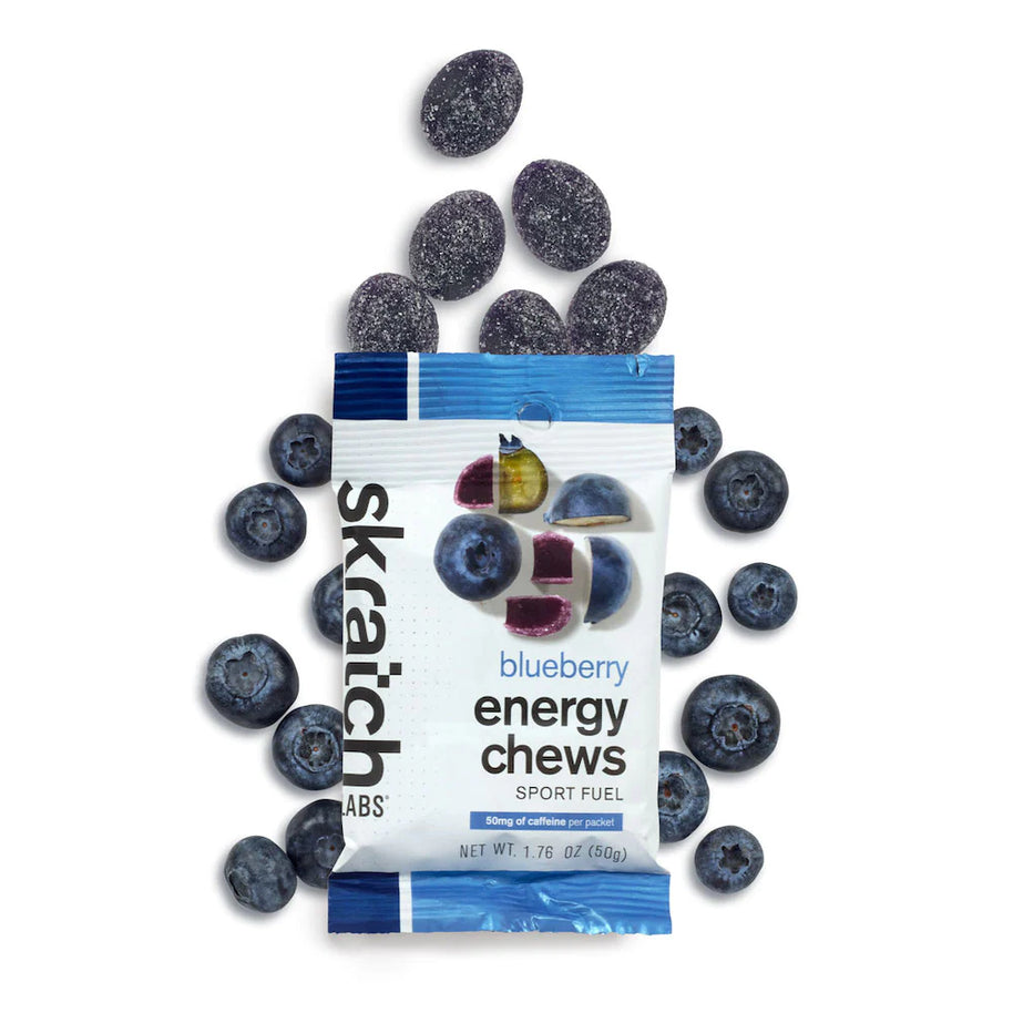 Energy Chews Sport Fuel by Skratch Labs in blueberry flavour with 50mg caffeine, nutrition fuel for running and endurance training