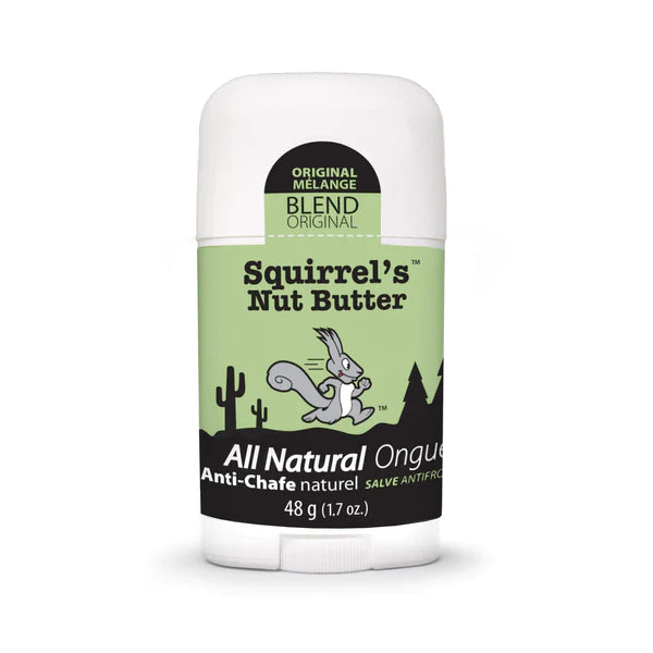 All Natural Anti-Chafe Stick by Squirrel's Nut Butter in green and white, natural ongue for preventing chafing and blisters during running and outdoor use