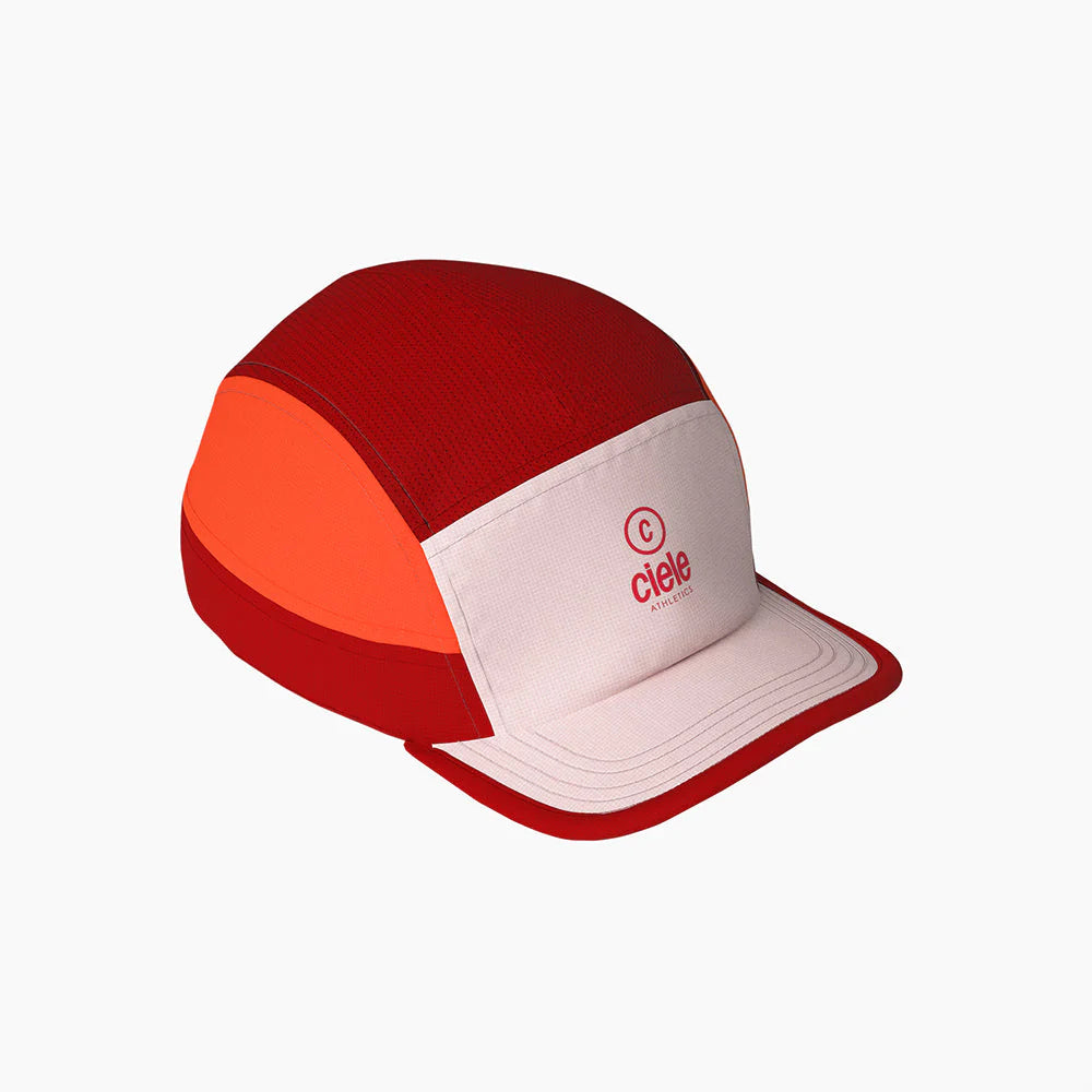 ALZCap SC - C Plus by Ciele in red, orange, and white with COOLmatic mesh for breathability, low profile headwear ideal for running and outdoor use
