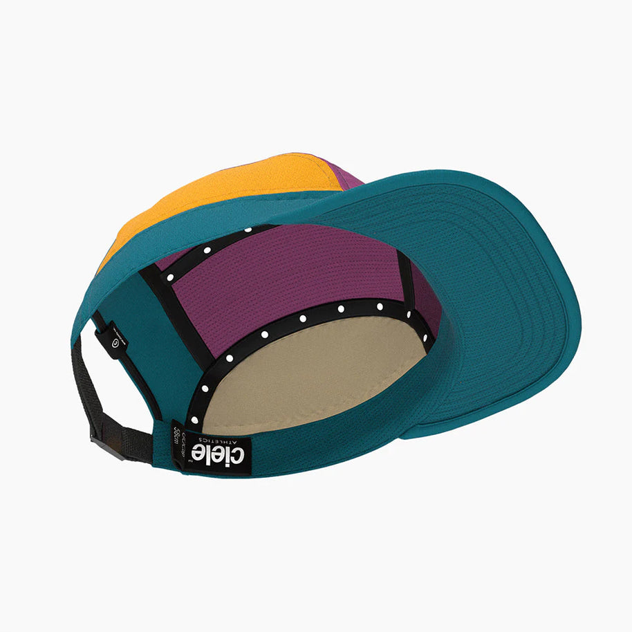 GOCap - C Plus Box by Ciele in teal, yellow, and purple lightweight soft brim run cap, reflective and machine washable for running in Canada