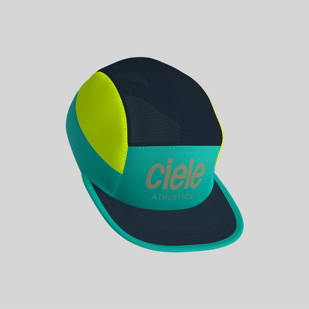 GOCap - Athletics by Ciele in black, teal, and neon yellow breathable running cap with Repreve fabric for performance and comfort