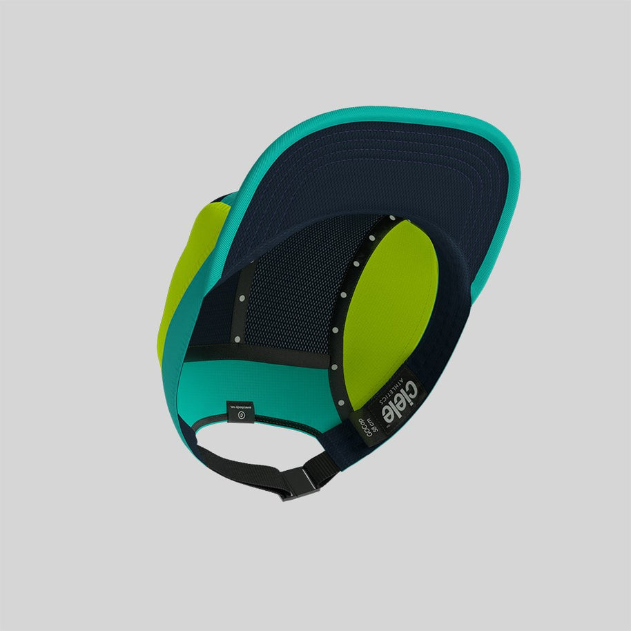 GOCap - Athletics by Ciele in teal and lime with adjustable strap, lightweight breathable running cap made from sustainable materials
