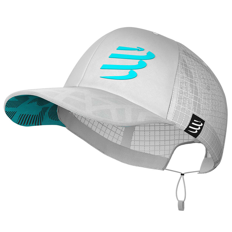 Racing Trucker Cap by Compressport in white and turquoise with mesh back, lightweight high-performance cap for running and racing style
