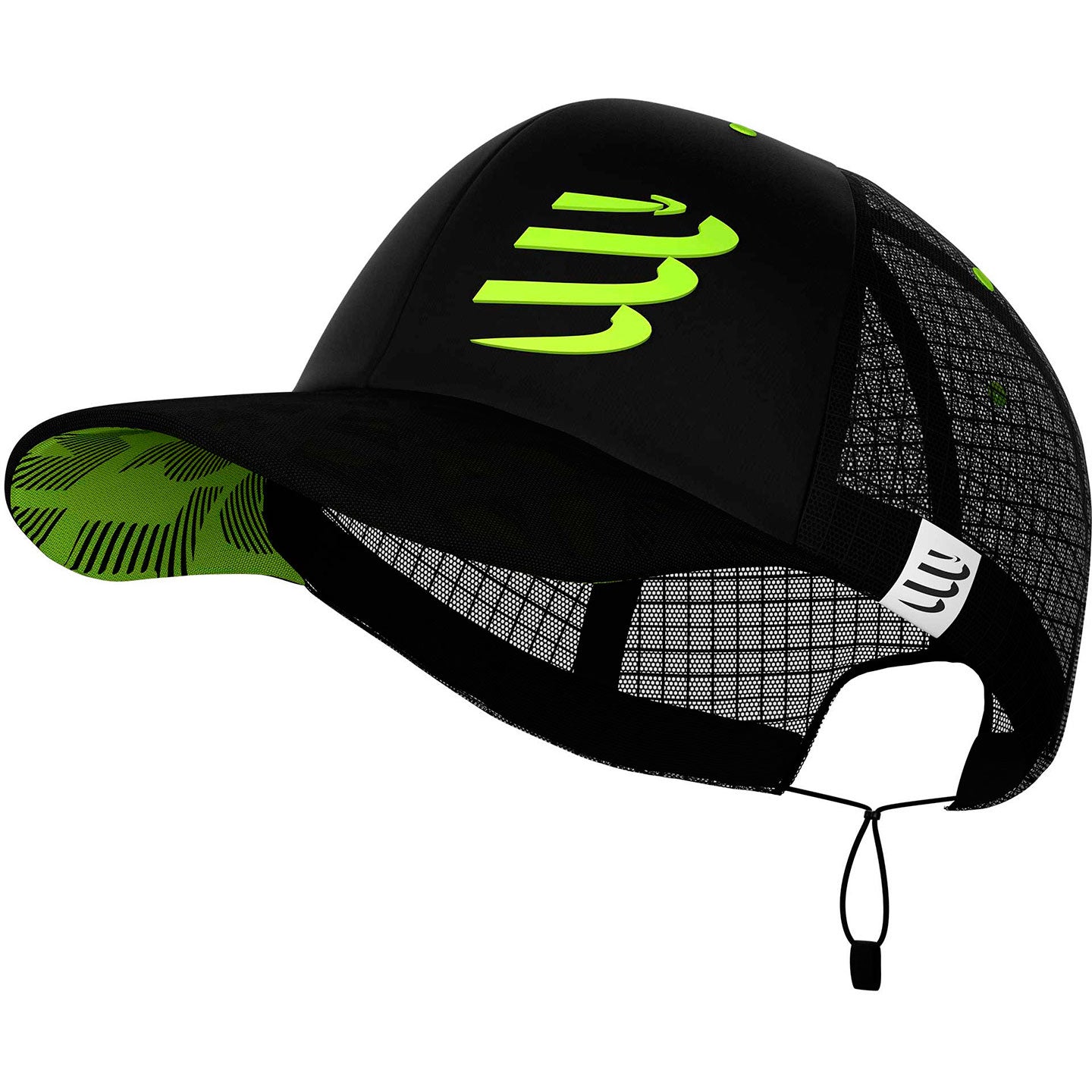 Racing Trucker Cap by Compressport in black and neon green with breathable mesh, adjustable fit, stylish and high-performance racing headwear