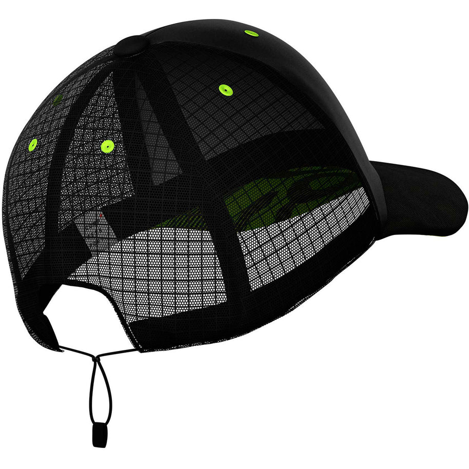 Racing Trucker Cap by Compressport in black with mesh back, adjustable strap, high-performance breathable headwear for running and racing style
