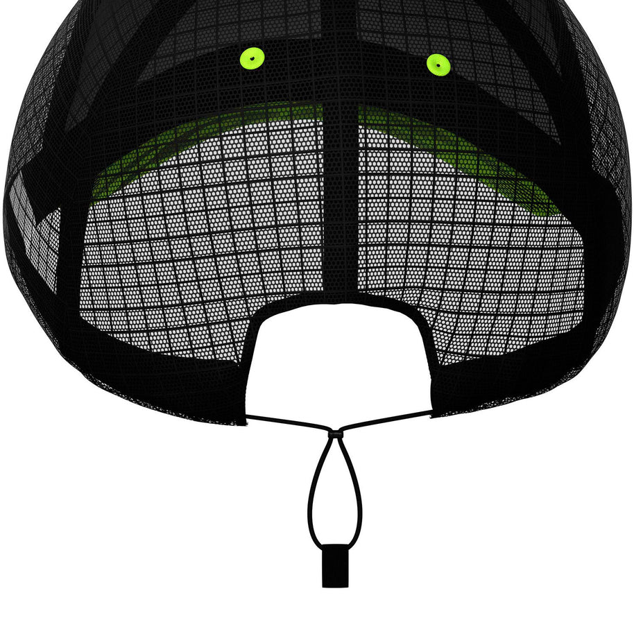 Racing Trucker Cap by Compressport in black with mesh back and adjustable strap, breathable high-performance headwear for racing and training