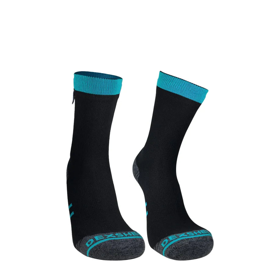 Running Lite Waterproof Socks by Dexshell in black and blue, lightweight waterproof socks with ankle support and arch band for running outdoors