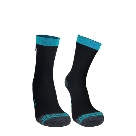Running Lite Waterproof Socks by Dexshell in black and blue, lightweight waterproof socks with ankle support and arch band for running outdoors