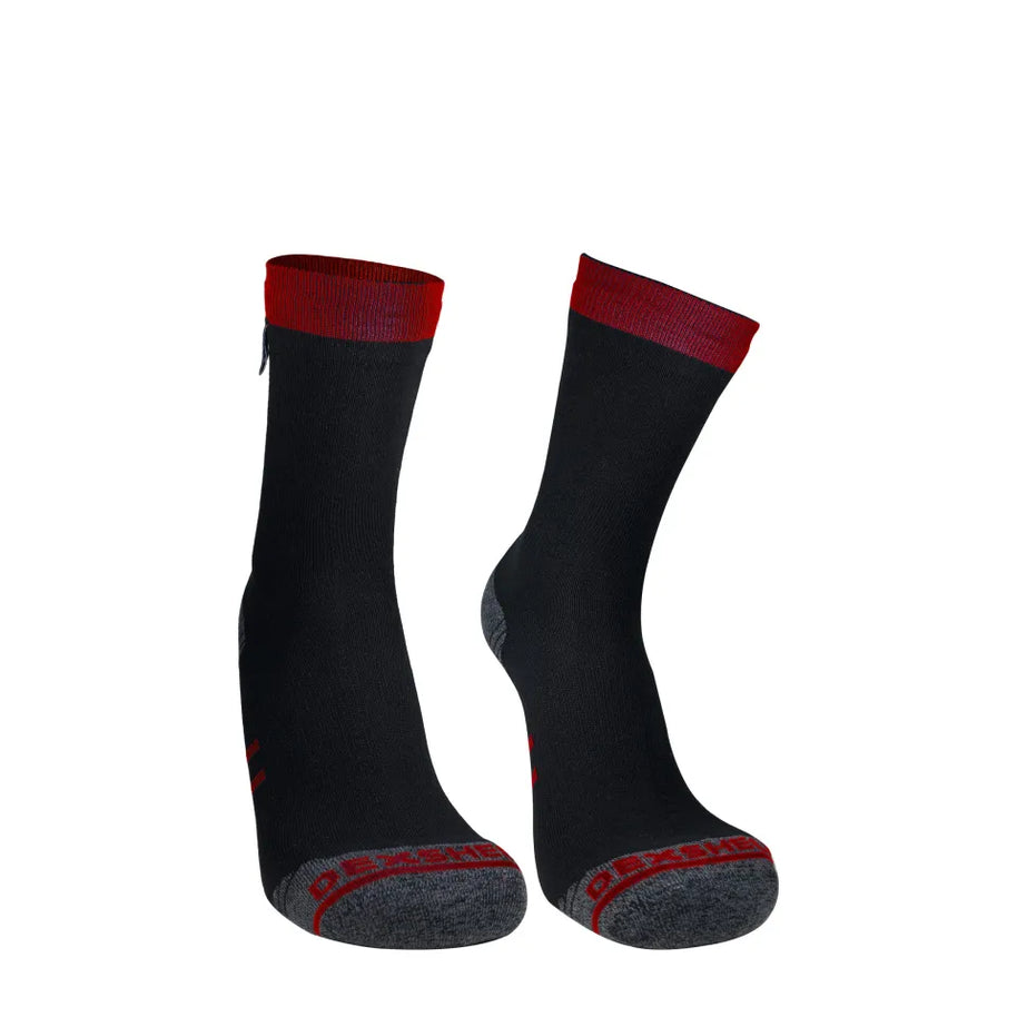 Running Lite Waterproof Socks by Dexshell in black with red cuff, lightweight waterproof socks with ankle and arch support for running and fitness