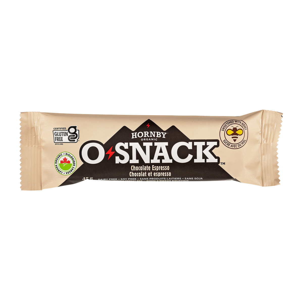 OSnack Chocolate Espresso by Hornby Organic in beige packaging with coffee and peanut butter flavor, organic nutrition from Canada
