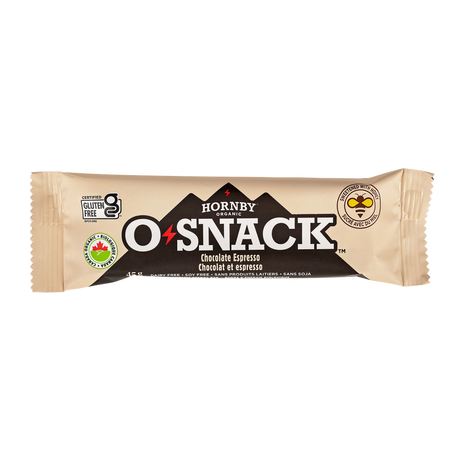 OSnack Chocolate Espresso by Hornby Organic in beige packaging with coffee and peanut butter flavor, organic nutrition from Canada