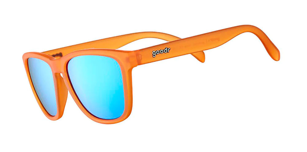 Donkey Goggles by Goodr in bright orange with blue mirrored lenses, lightweight glasses for speed, agility, and outdoor running use