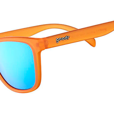Donkey Goggles by Goodr in bright orange with blue mirrored lenses, lightweight glasses for speed, agility, and outdoor running use