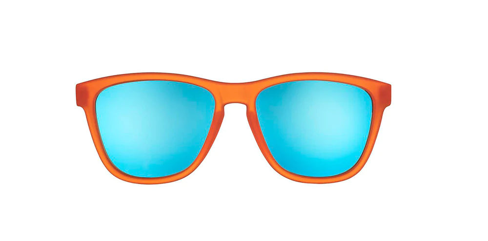 Donkey Goggles by Goodr in orange frame with blue lenses, lightweight glasses enhancing speed and agility for running and outdoor use