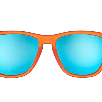 Donkey Goggles by Goodr in orange frame with blue lenses, lightweight glasses enhancing speed and agility for running and outdoor use