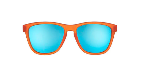 Donkey Goggles by Goodr in orange frame with blue lenses, lightweight glasses enhancing speed and agility for running and outdoor use