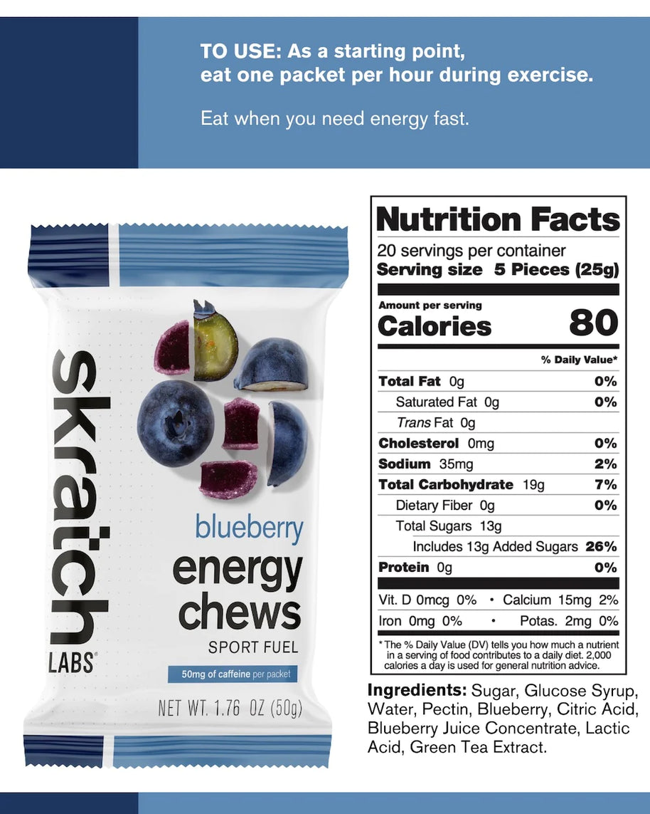 Energy Chews Sport Fuel by Skratch Labs in blueberry, fast-absorbing energy chews with caffeine for endurance running and exercise fuel