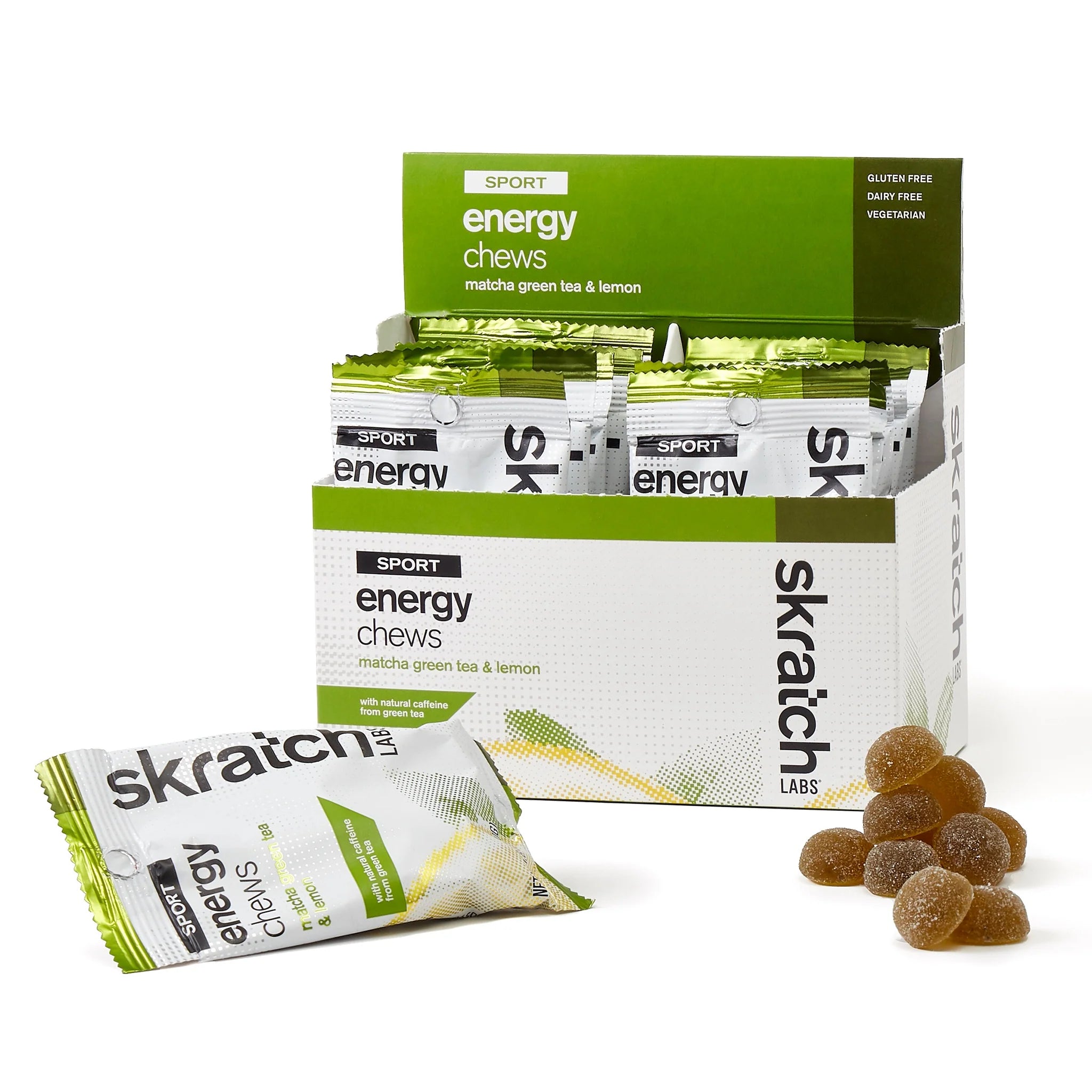 Energy Chews Sport Fuel by Skratch Labs in matcha green tea and lemon, gluten-free nutrition for endurance running and training fuel