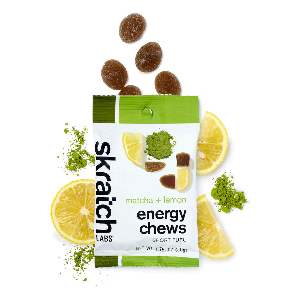 Energy Chews Sport Fuel by Skratch Labs in green and yellow, matcha lemon flavored energy chews for race day nutrition and endurance