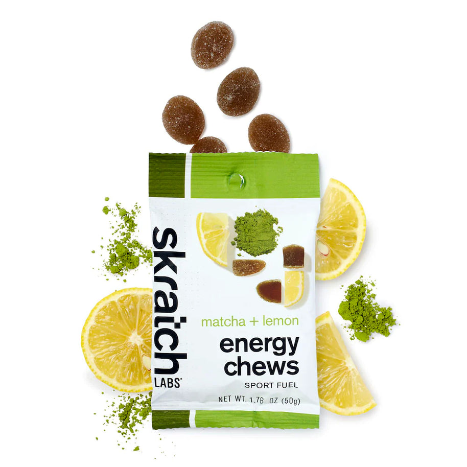 Energy Chews Sport Fuel by Skratch Labs in green and yellow, matcha lemon flavored energy chews for race day nutrition and endurance