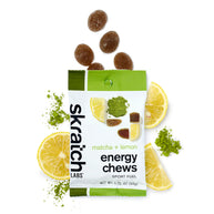 Energy Chews Sport Fuel by Skratch Labs in green and yellow, matcha lemon flavored energy chews for race day nutrition and endurance