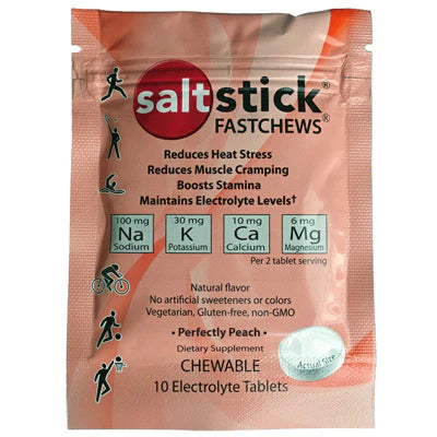 Saltstick Fastchews 10-Tab pack in peach, chewable electrolyte tablets with sodium, potassium, calcium, magnesium for hydration and muscle support