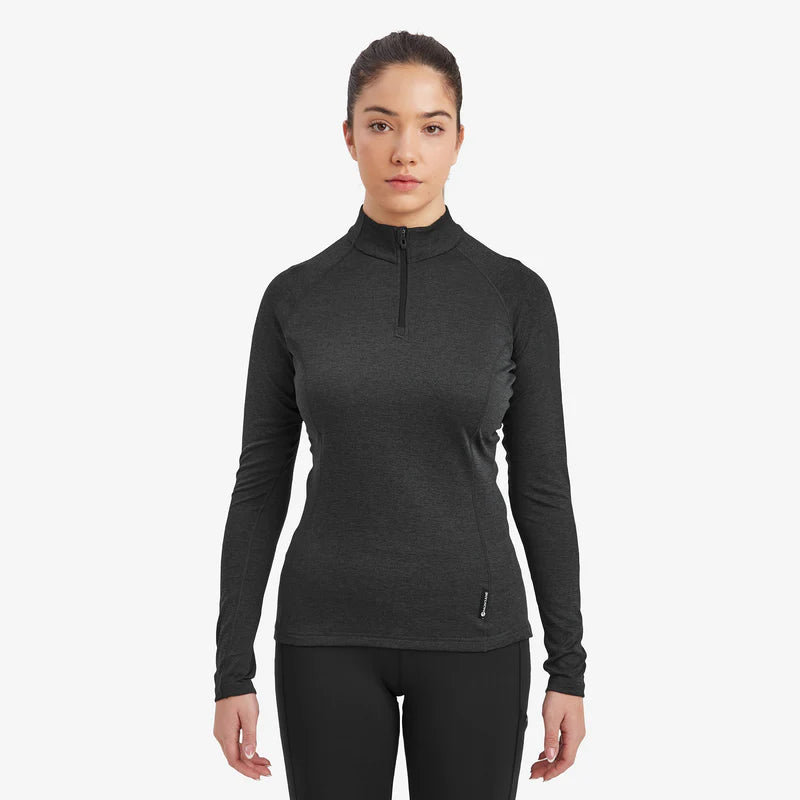 Dart Zip Neck - Women by Montane in dark grey, all-season technical baselayer with recycled fabric, warmth, breathability, and POLYGIENE finish