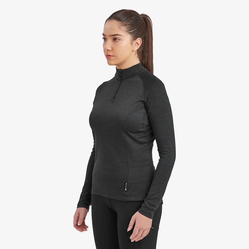 Dart Zip Neck - Women in dark grey by Montane, all-season technical baselayer with recycled fabric for warmth, breathability, and moisture wicking